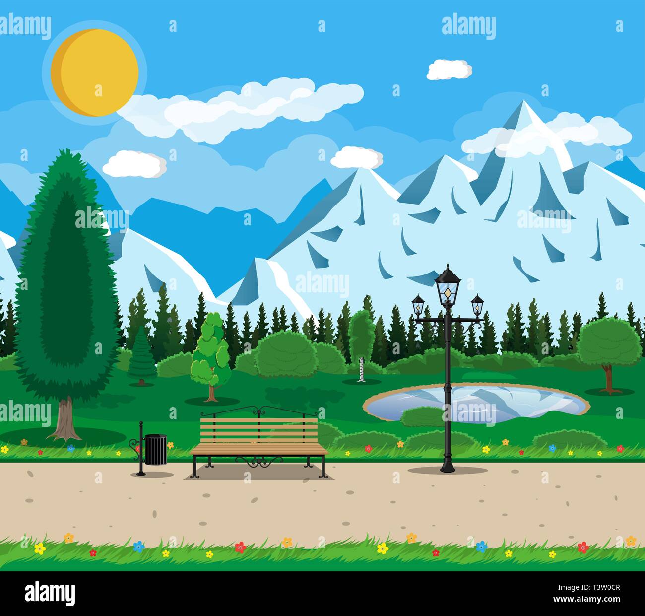 Mountain park concept, wooden bench, street lamp, waste bin in square. Rocky mountains, lake and trees. Sky with clouds and sun. Leisure time in summe Stock Vector