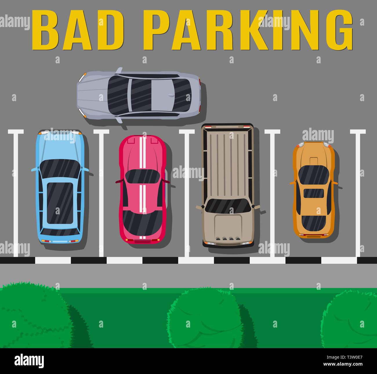 City parking lot with different cars. Shortage parking spaces. Parking zone top view with vehicles. Bad or wrong car parking. Traffic regulations. Rul Stock Vector