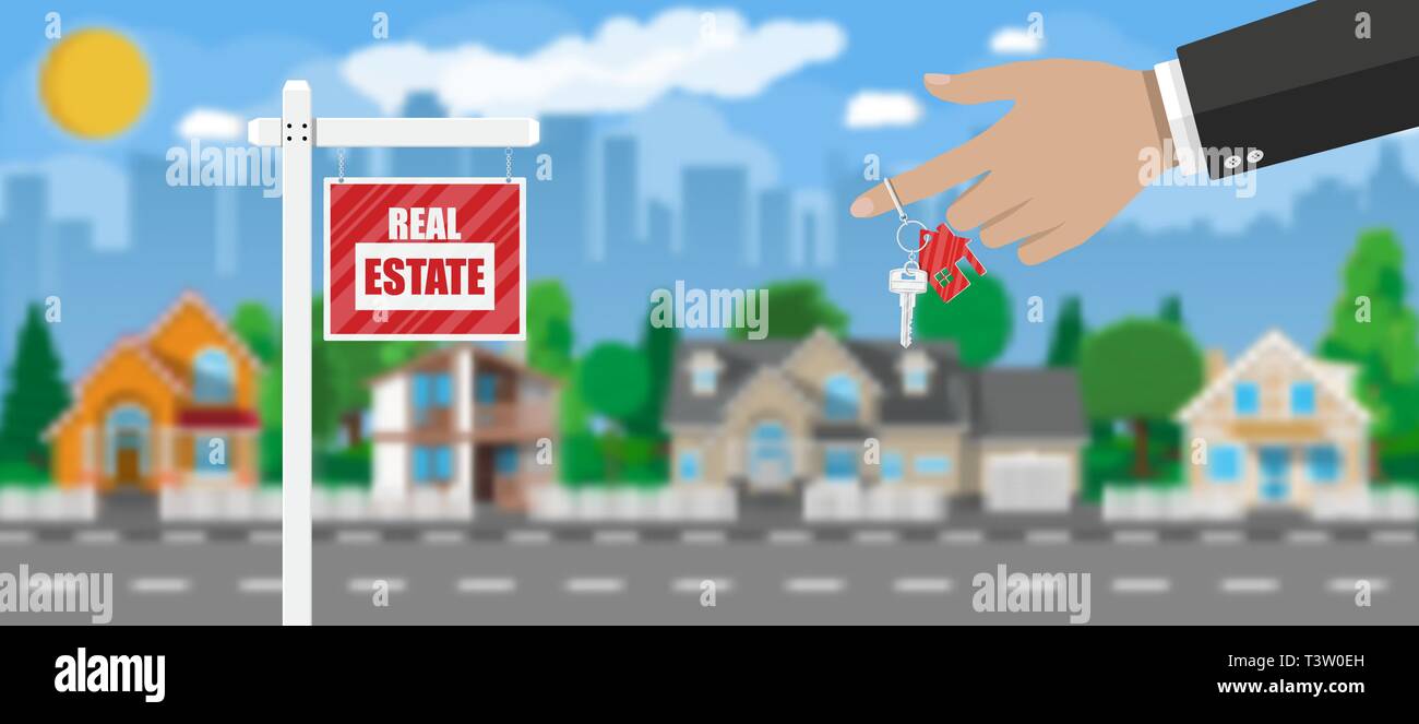 Real estate placard sign. Hand of agent with keys. Blurred background with private suburban house, trees, sun, road, sky and clouds. Real estate, sale Stock Vector