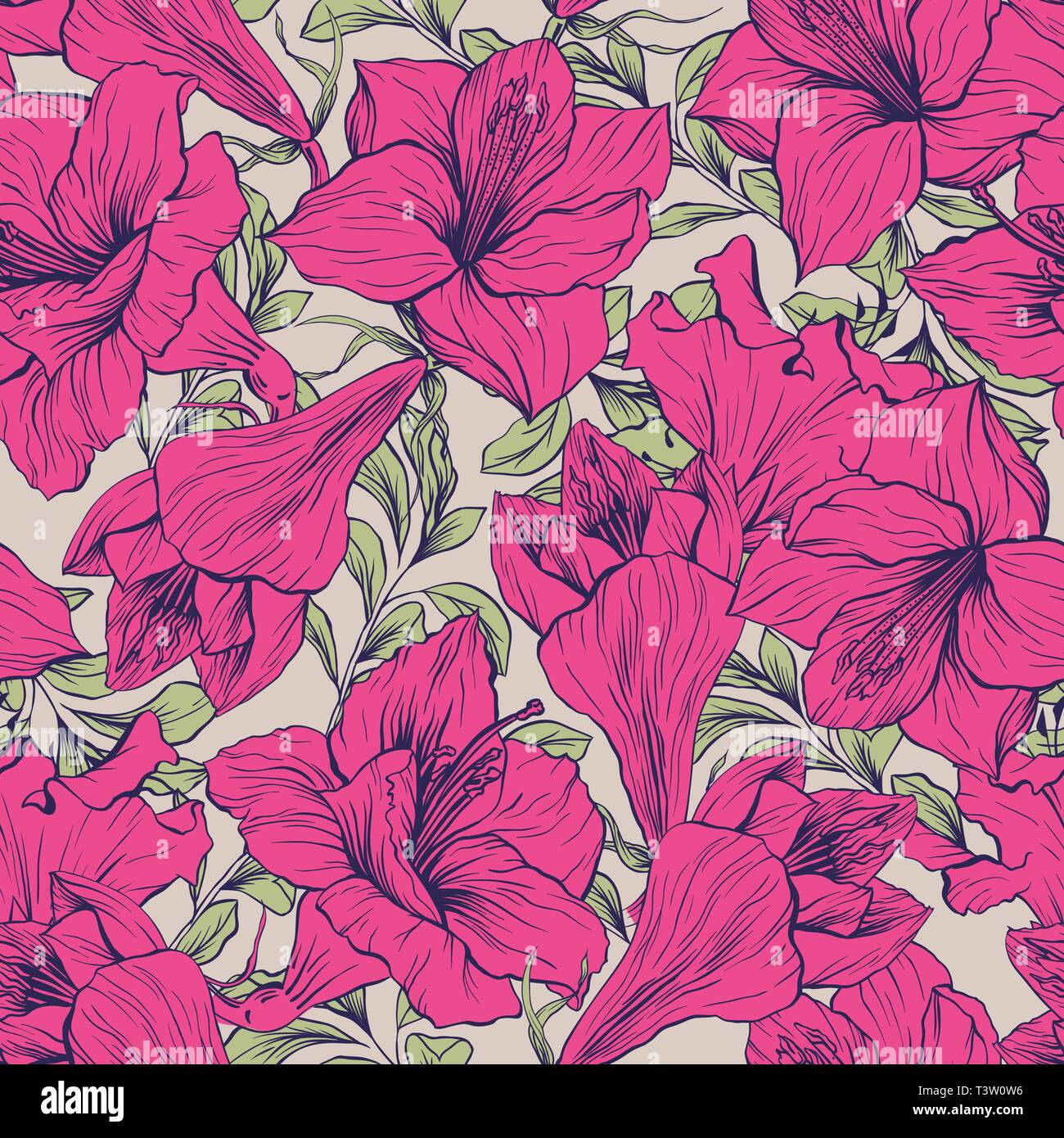 Amaryllis Hand Drawn Floral Pattern Tropical Flower Vector Seamless Illustration Hippeastrum Ink Pen Sketch Outline Freehand Drawing Blooming Blossom Wallpaper Or Wedding Design Stock Vector Image Art Alamy