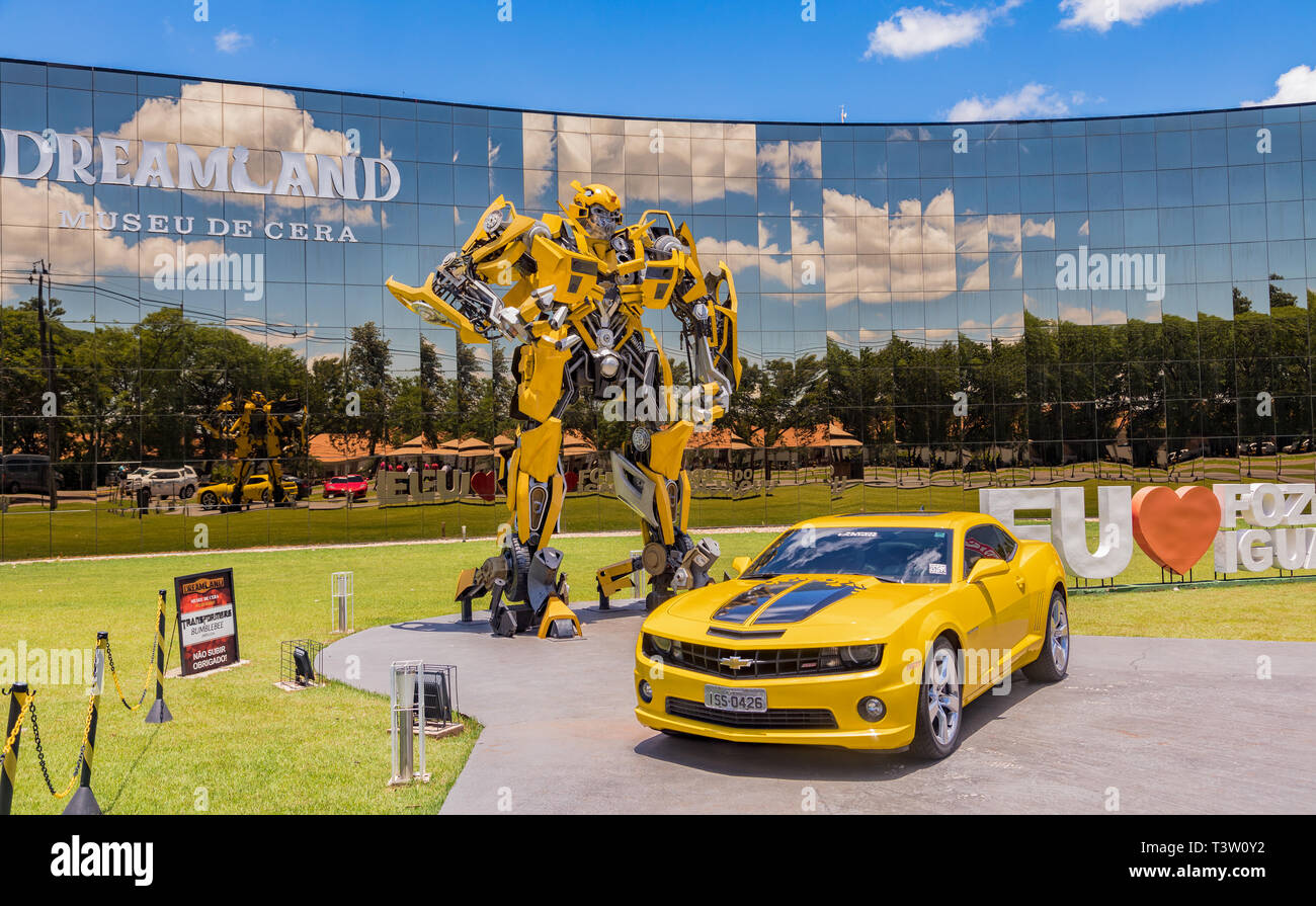 Foz do Iguacu, Brazil - November 22, 2017:  Bumblebee Transformer in front of the Wax Museum "Dreamland" in Foz do Iguacu near the famous Iguacu Falls Stock Photo