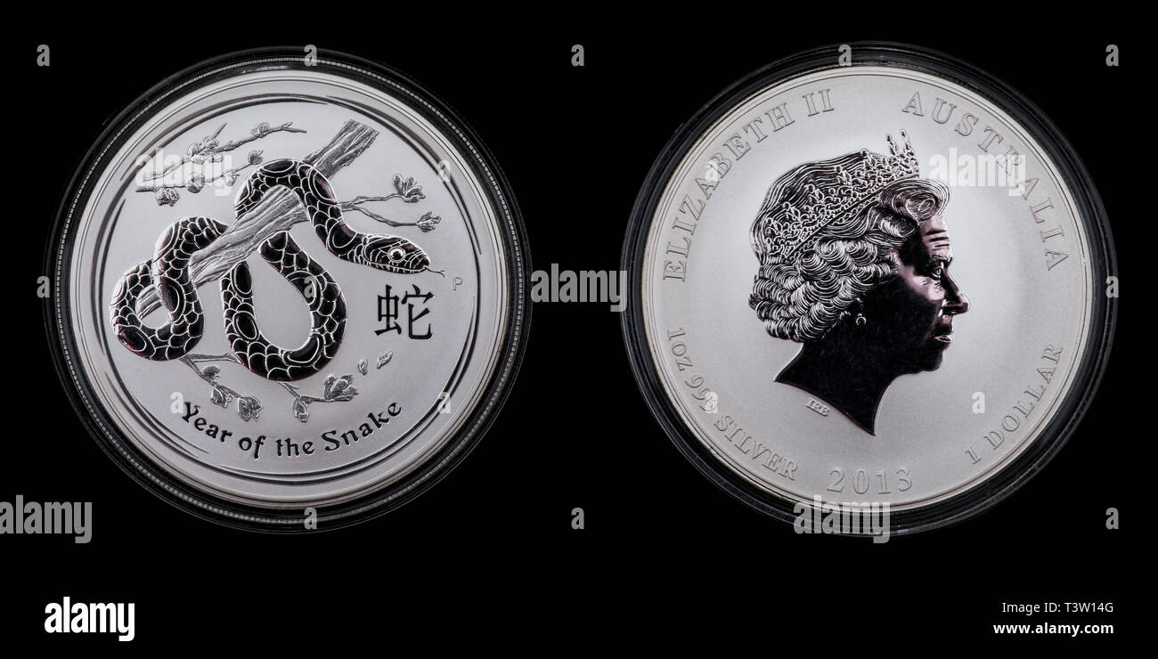 Front and back of an Australian silver coin. 1 dollar Lunar 2 year of the snake 1oz 999 silver Stock Photo