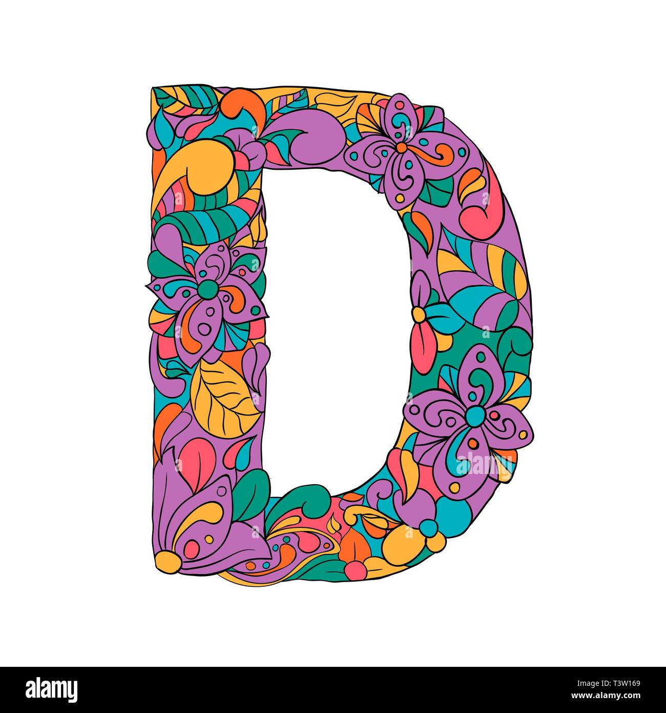 Floral D letter contour illustration. Alphabet symbol with leaves, flowers doodle drawing. Multicolor fantasy blossom. Monogram with color batik texture. Isolated clipart in psychedelic style Stock Vector