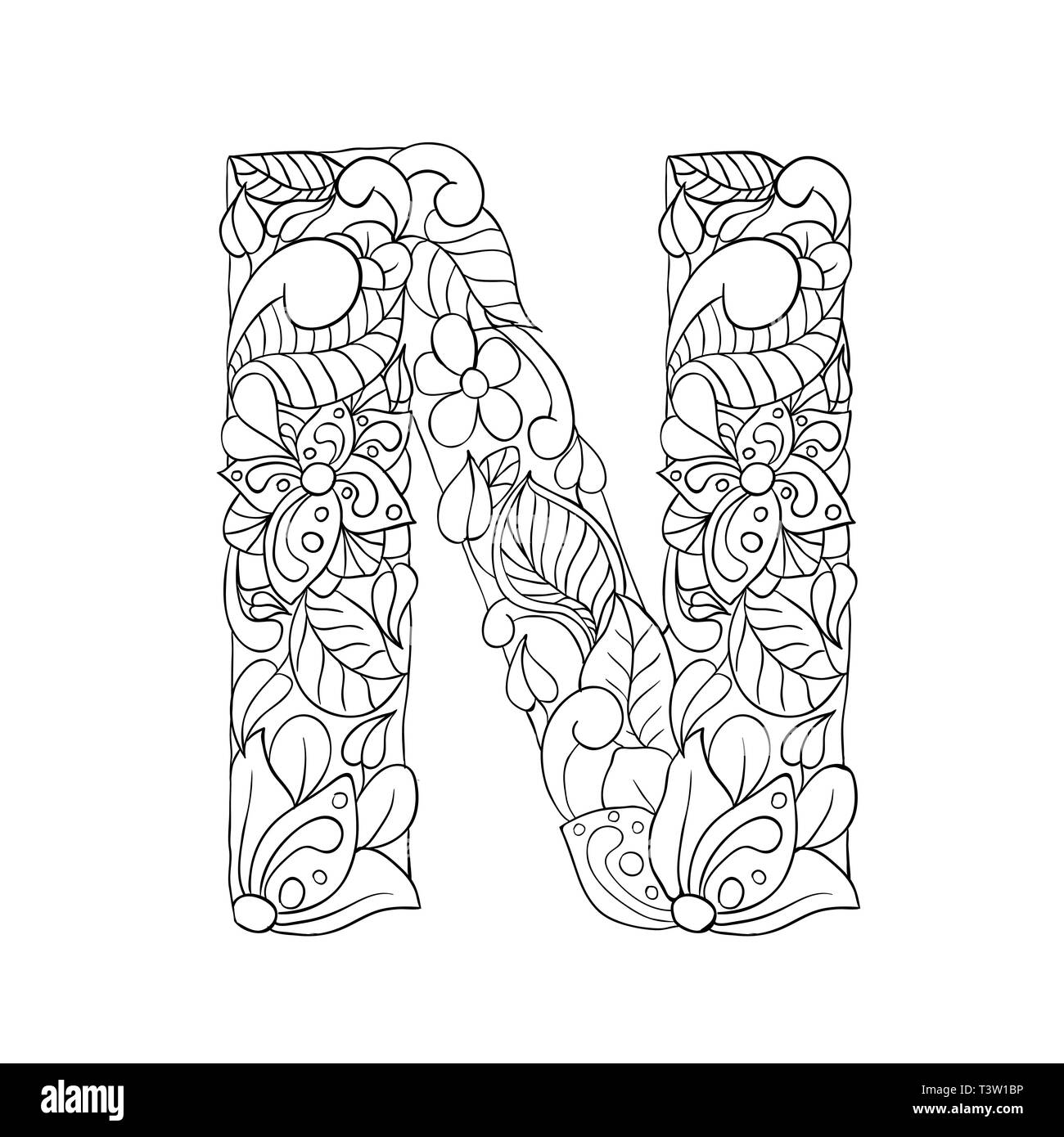 Floral N letter outline illustration. Alphabet symbol sketch for coloring book. Leaves, flowers, petals doodle drawing. Monochrome linear blossom. Monogram with black and white batik texture Stock Vector