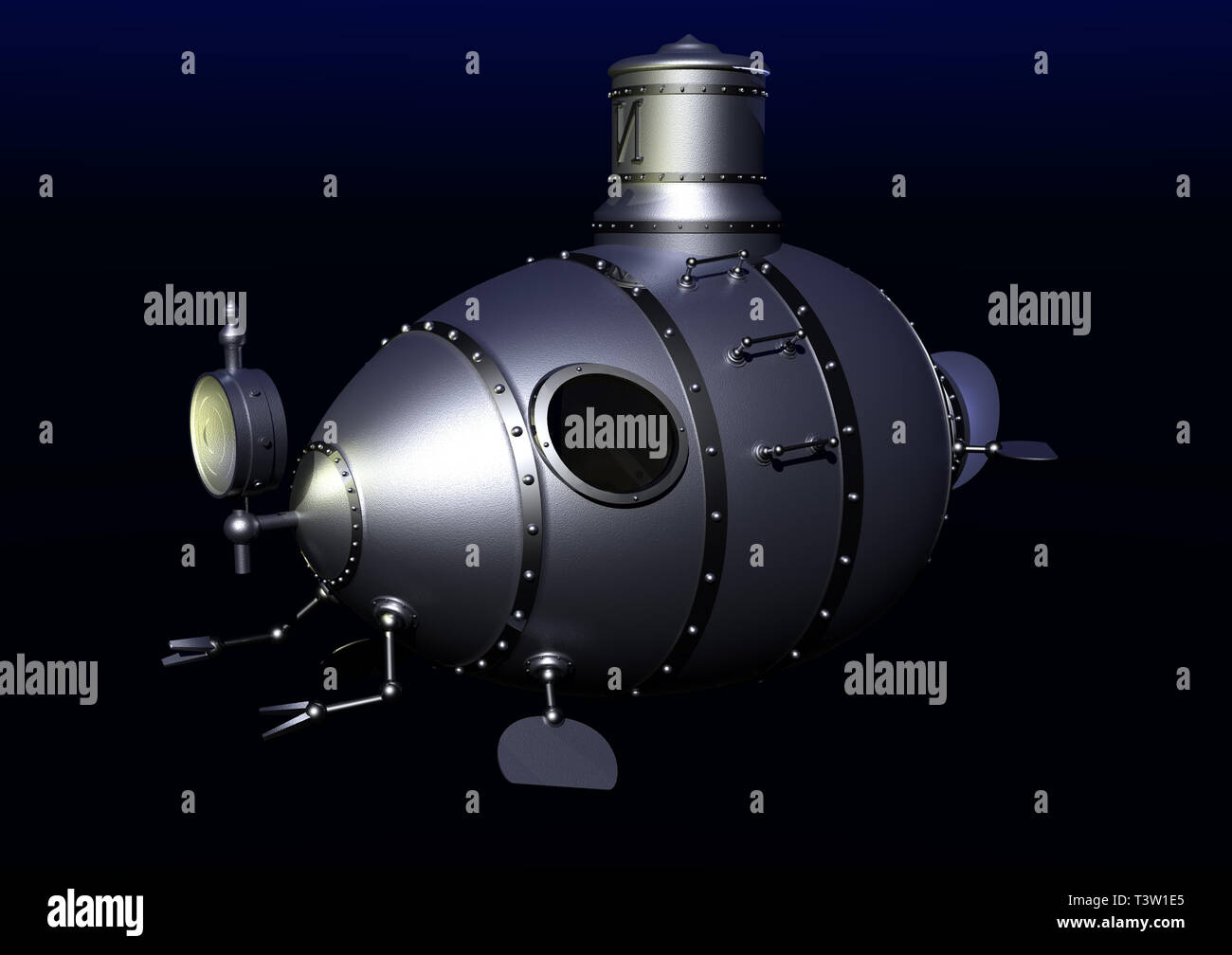 3d illustration of ancient submarine on a gradient blue  background. Stock Photo