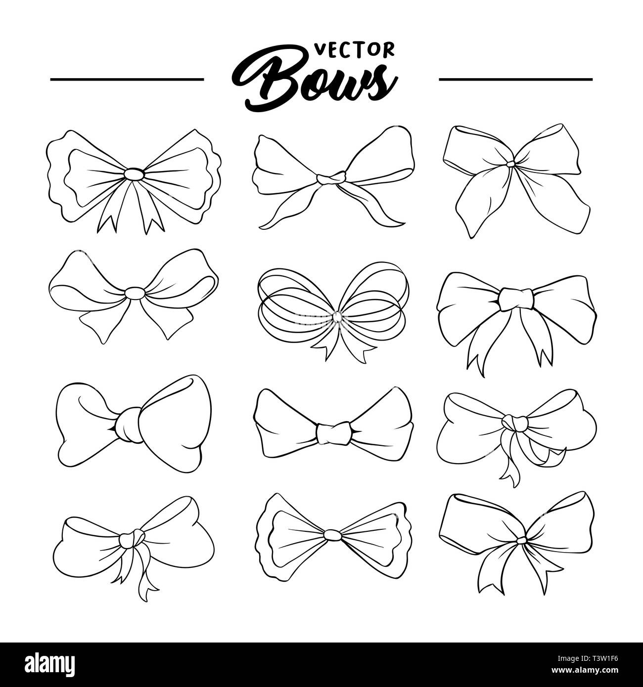 Bows handdrawn illustrations set. Ribbon knots linear drawings. Ink pen bowknots contour cliparts. Bow-tie sketches outline collection. Coloring book, greeting card thin line isolated design elements Stock Vector