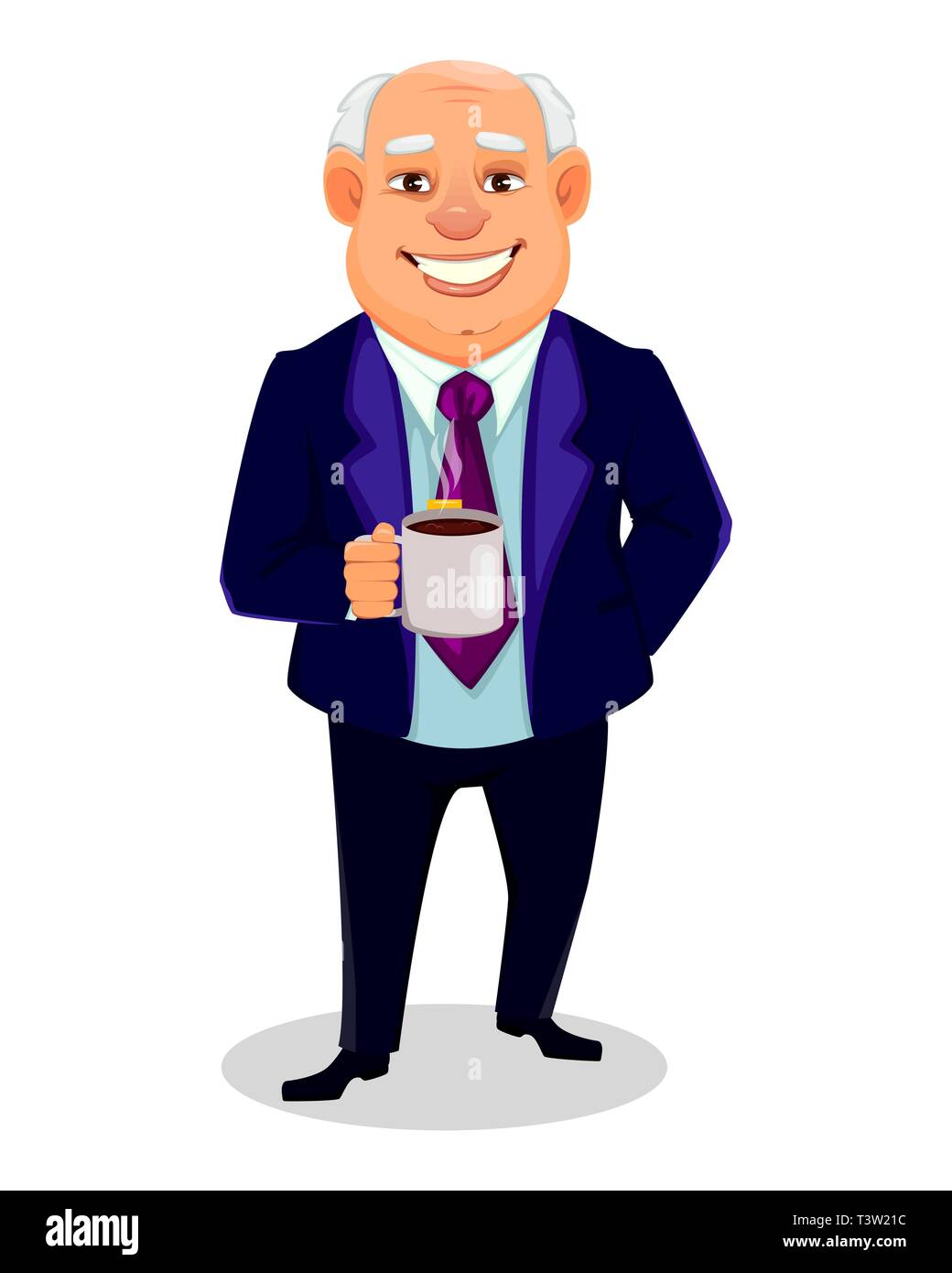 Cheerful fat business man. Businessman cartoon character holds a cup of hot coffee while coffee break. Vector illustration. Stock Vector