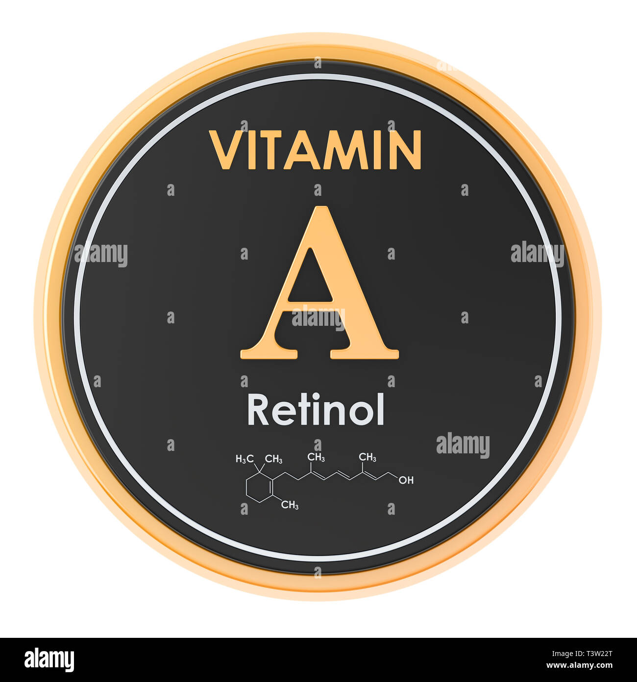 Vitamin A, retinol. Circle icon, chemical formula, molecular structure. 3D rendering Stock Photo