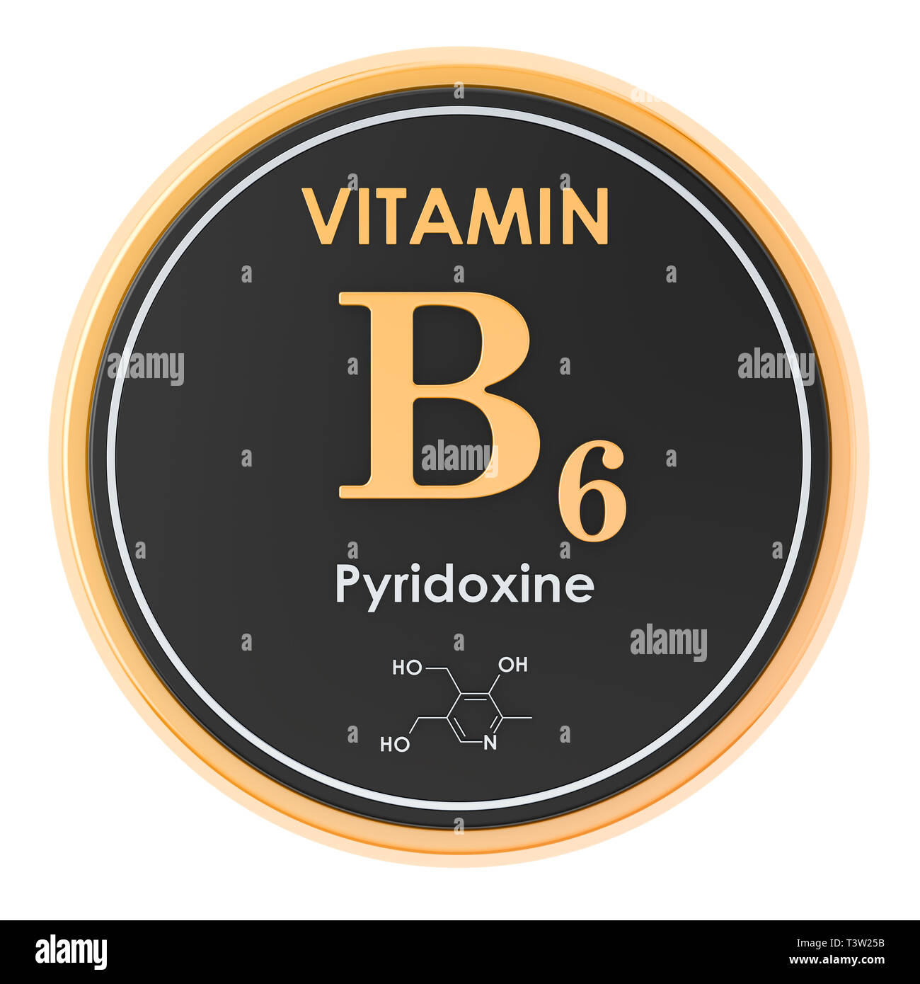 Vitamin B6, pyridoxine. Circle icon, chemical formula, molecular structure. 3D rendering Stock Photo