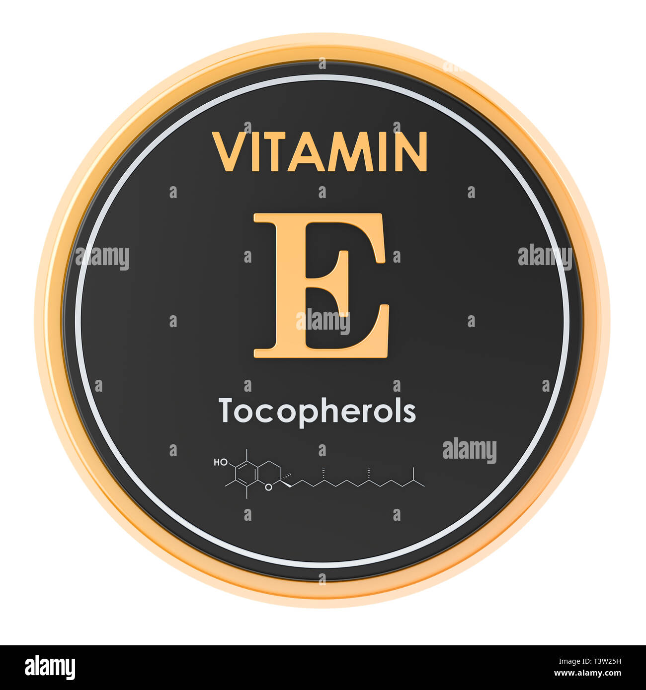 Vitamin E, tocopherols. Circle icon, chemical formula, molecular