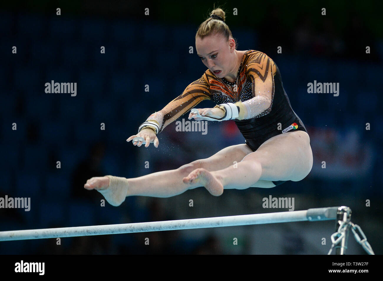 Tisha Volleman from Netherlands seen in action during the women qualifications of the 8th European Championships in Artistic Gymnastics (Day 2). Stock Photo