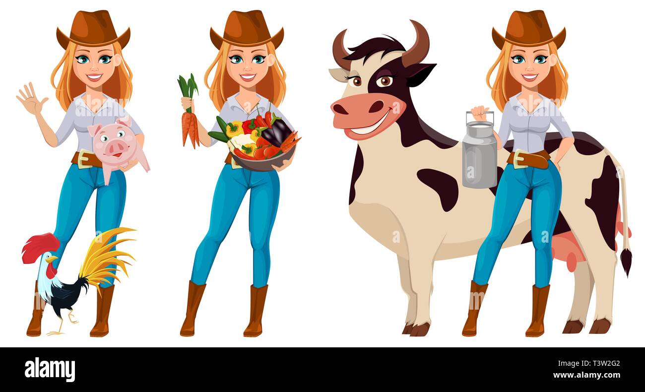 Young pretty farmer woman in cowboy hat. Cheerful gardener woman cartoon character standing with farm animals and holding vegetables. Vector illustrat Stock Vector