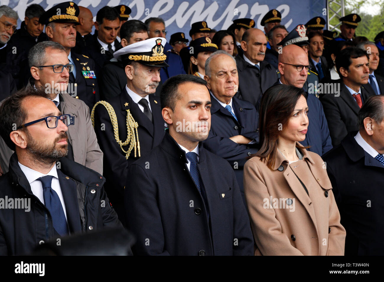 Rome, Italy - April 10, 2019: The Minister of Justice Alfonso Bonafede (left), the Deputy Prime Minister Luigi Di Maio (center) and Mara Carfagna, on  Stock Photo