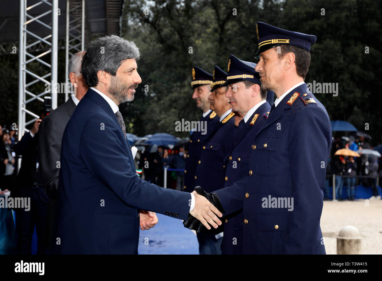 Rome, Italy - April 10, 2019: The president of the Chamber of Deputies Roberto Fico gives the medals to the deserving police officers, during the cele Stock Photo