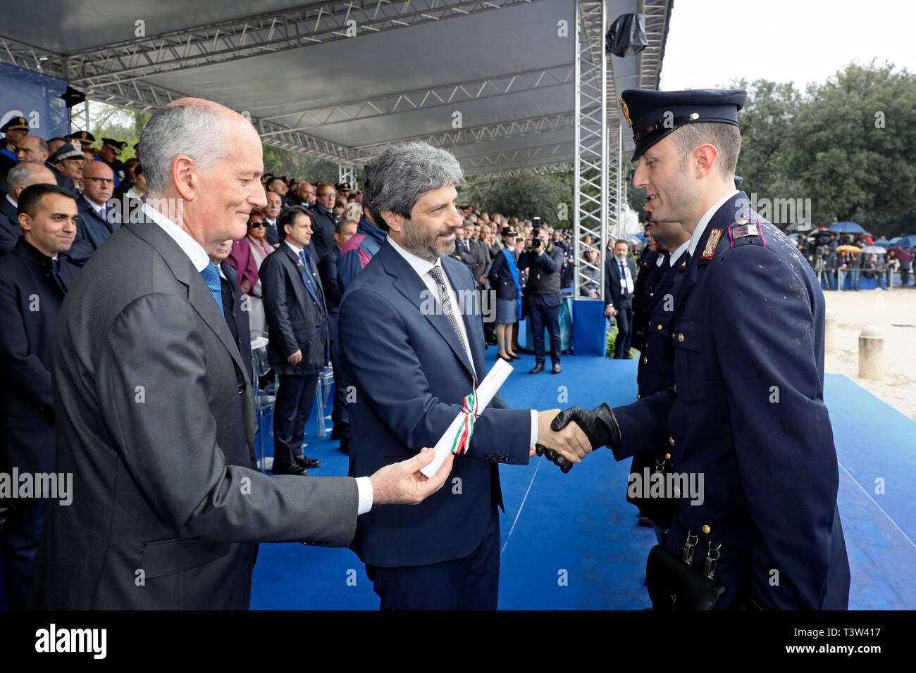Rome, Italy - April 10, 2019: The president of the Chamber of Deputies Roberto Fico gives the medals to the deserving police officers, during the cele Stock Photo