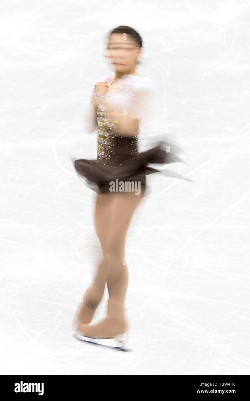 Blur motion action of Kim Hanul (KOR) competing in the Figure Skating - Ladies' Short at the Olympic Winter Games PyeongChang 2018 Stock Photo