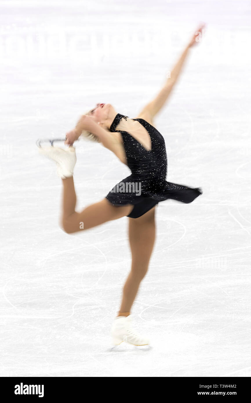Blur motion action of Larkyn Austman (CAN) competing in the Figure Skating - Ladies' Short at the Olympic Winter Games PyeongChang 2018 Stock Photo
