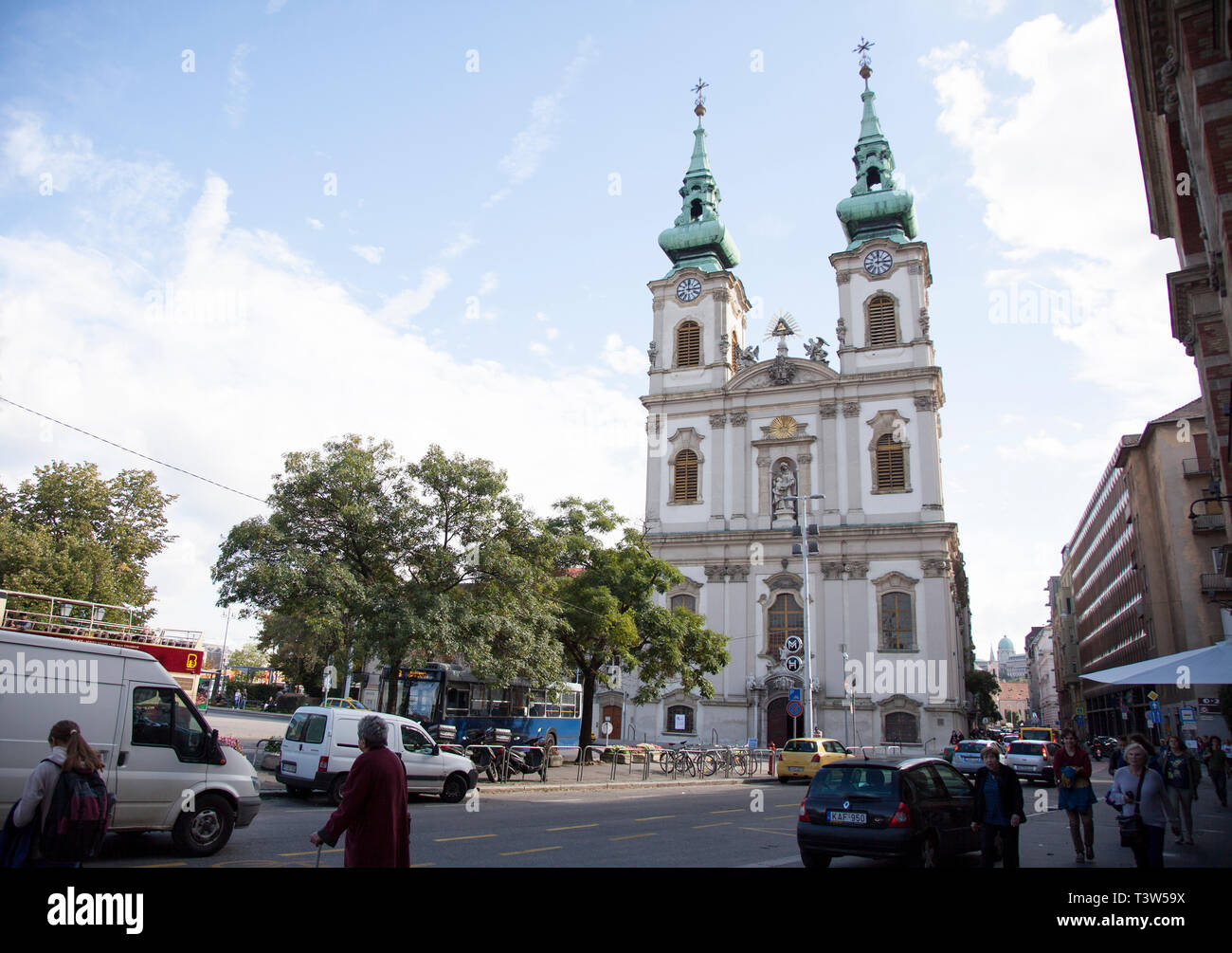 BUDAPEST, HUNGARY - SEPTEMBER 22, 2017: One of the main sights at Batthyány Square is the Church of St. Anne, one of the most beautiful Baroque church Stock Photo