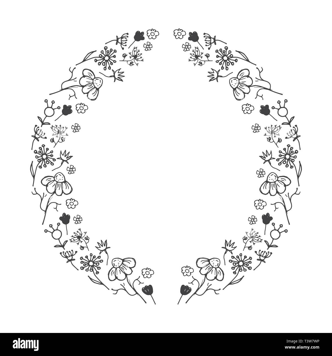 Round Flower Frame Hand Drawn Sketch Doodles Vector Illustration