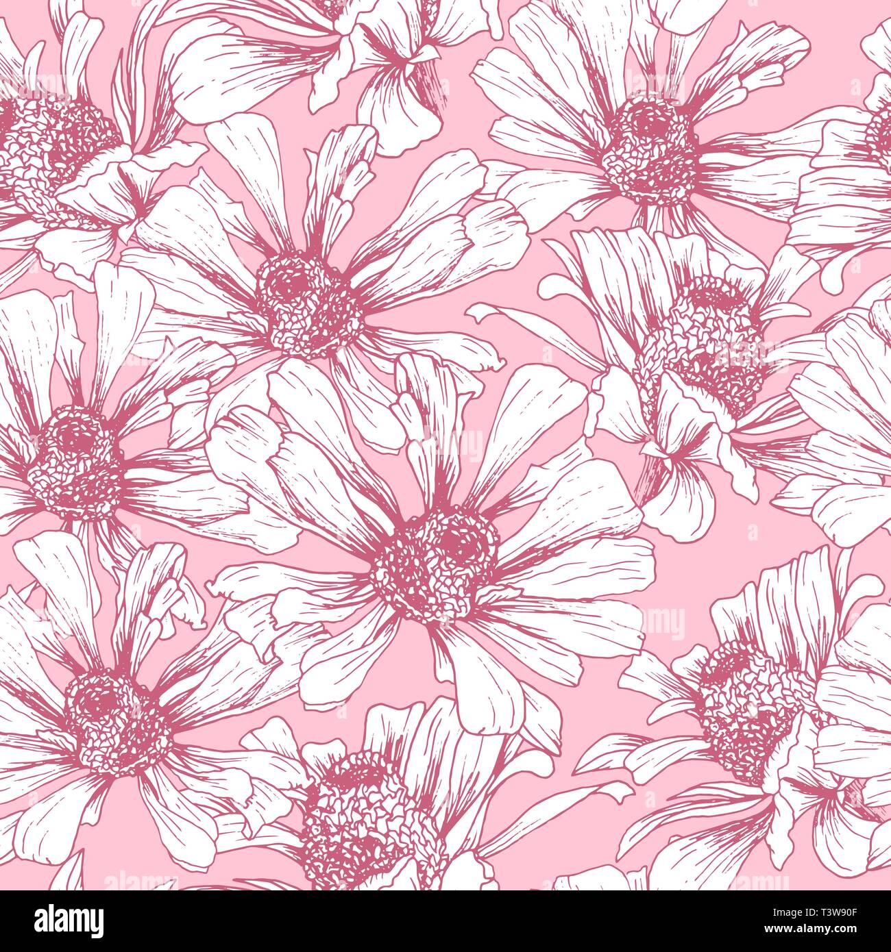 Romantic Pink Seamless Pattern for Valentines Day Holiday Wrapping Paper Design. Vector Feminine Floral Wallpaper Template with Helenium Autumnale Flower Stock Vector