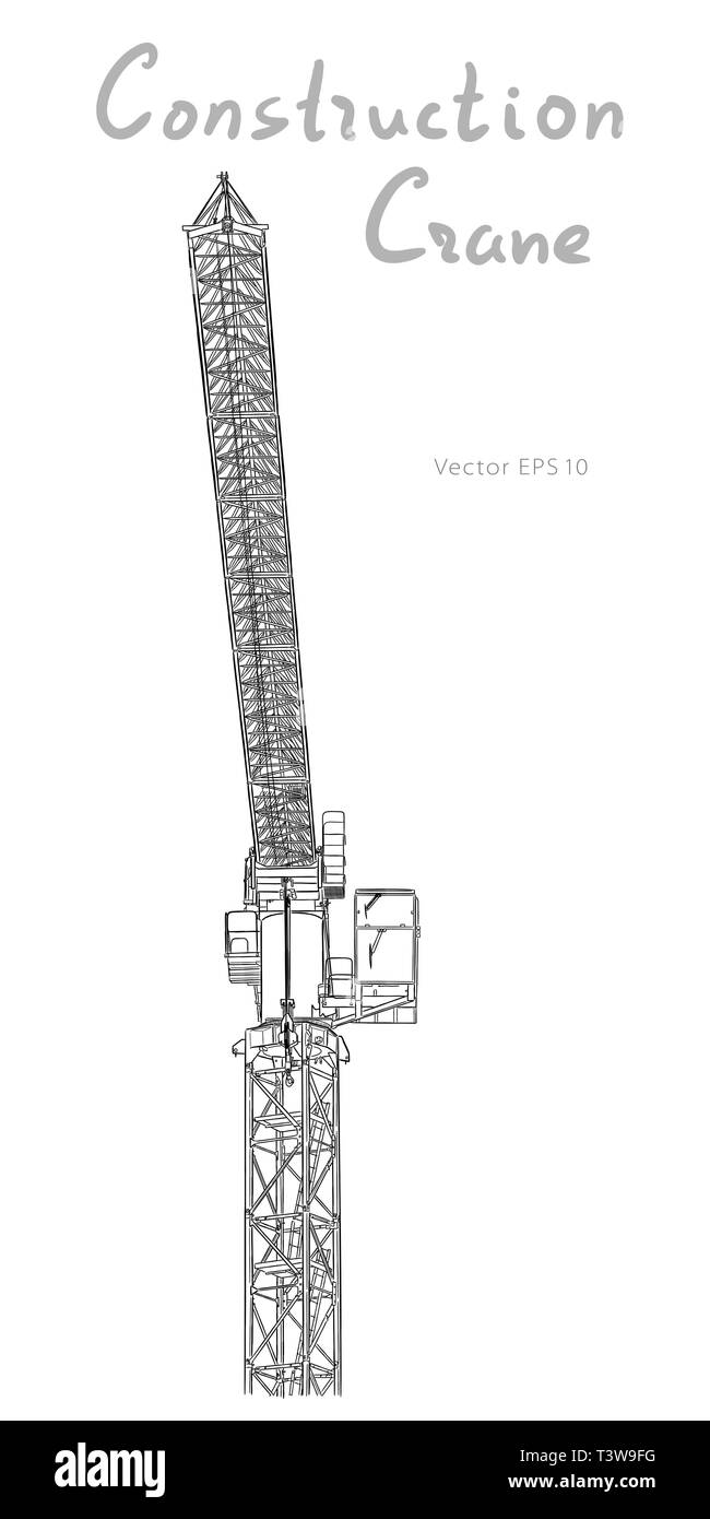 Tower construction crane. Vector line art on white Stock Vector