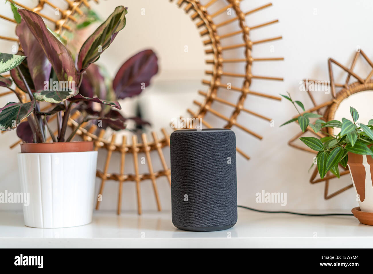 Personal assistant connected loudspeaker on a small wooden table in a