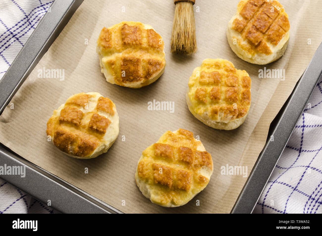 hungarian traditional cheese pogacsa with paper on a baking tray Stock Photo
