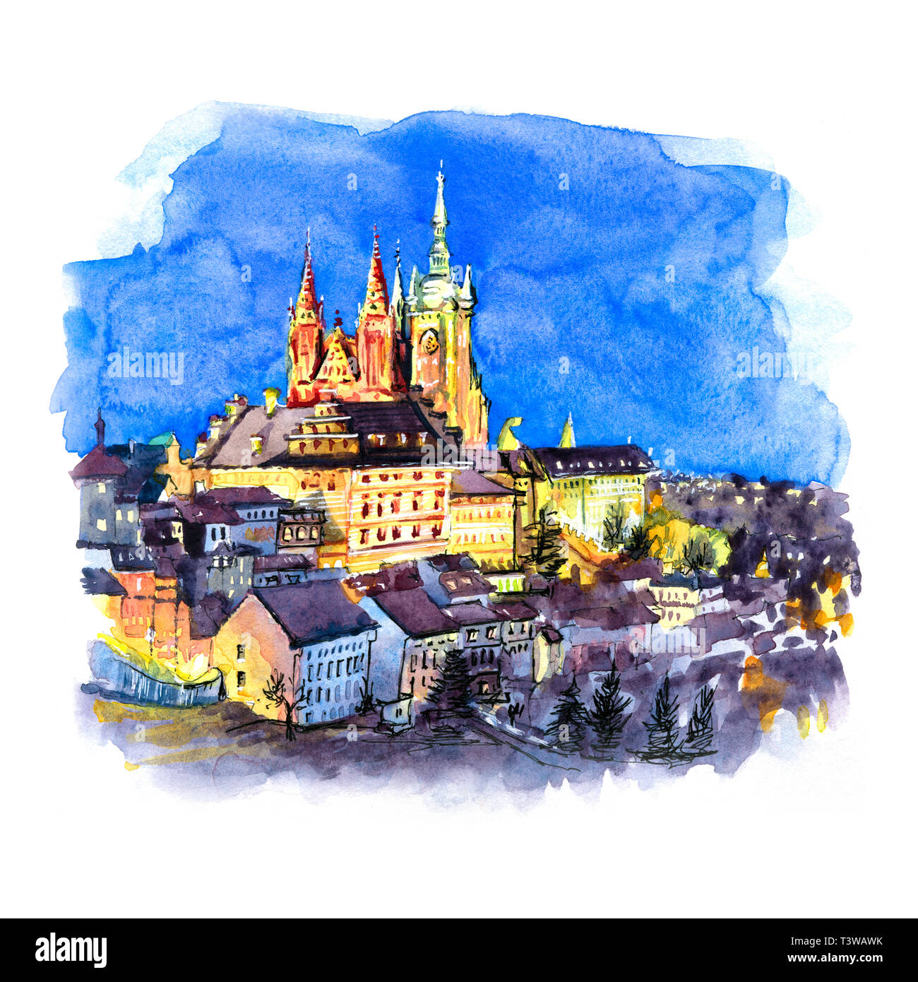 Watercolor sketch of Prague Castle, Hradcany and Little Quarter in old town at night of Prague, Czech Republic Stock Photo
