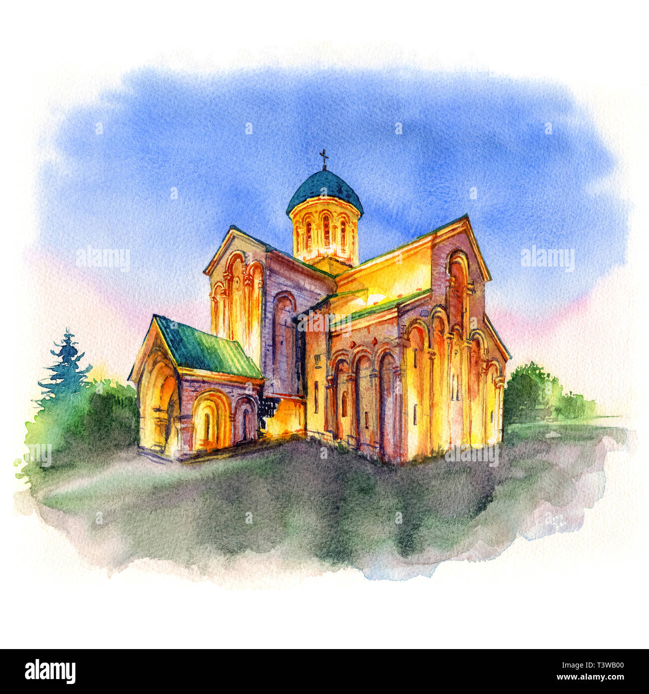 Watercolor sketch of Kutaisi Cathedral, more commonly known as Bagrati Cathedral during evening blue hour, Kutaisi, Imereti, Georgia Stock Photo
