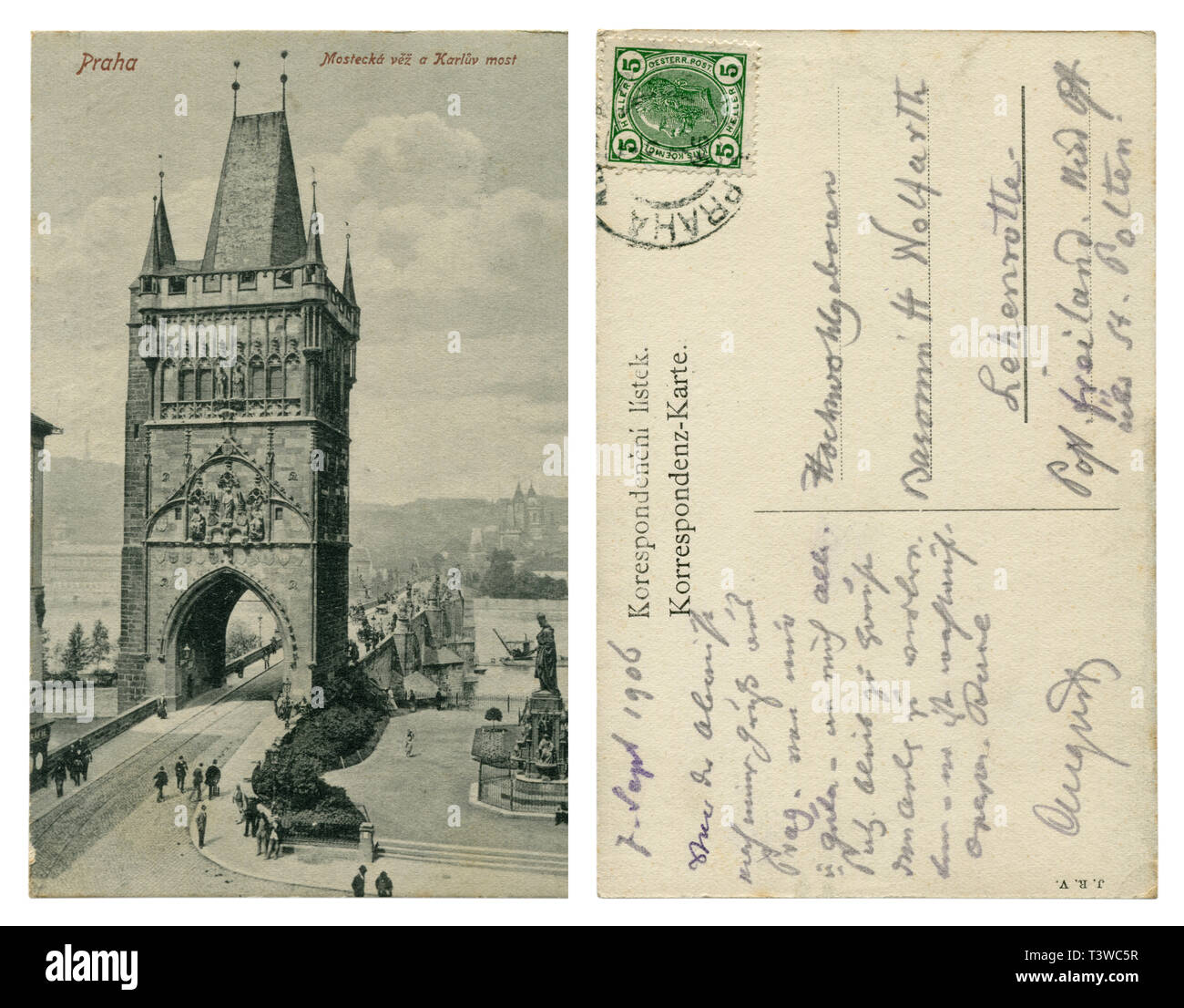 Czech-Austrian historical postcard: black and white photography, Old Town Bridge Tower and Charles Bridge across the Vltava river, 1906, Prague Stock Photo