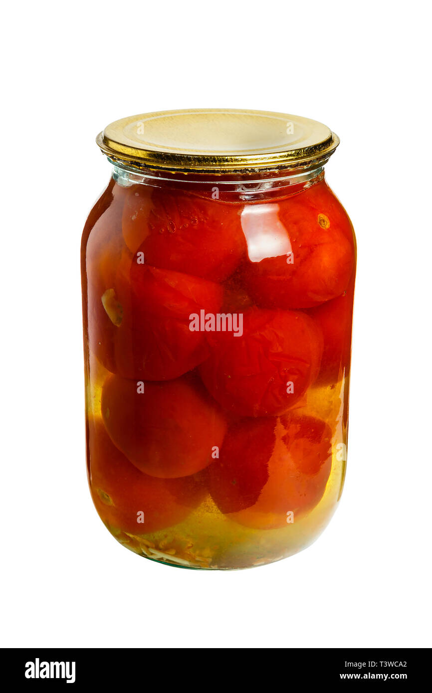 tomatoes canned in glass jars on a white background Stock Photo Alamy