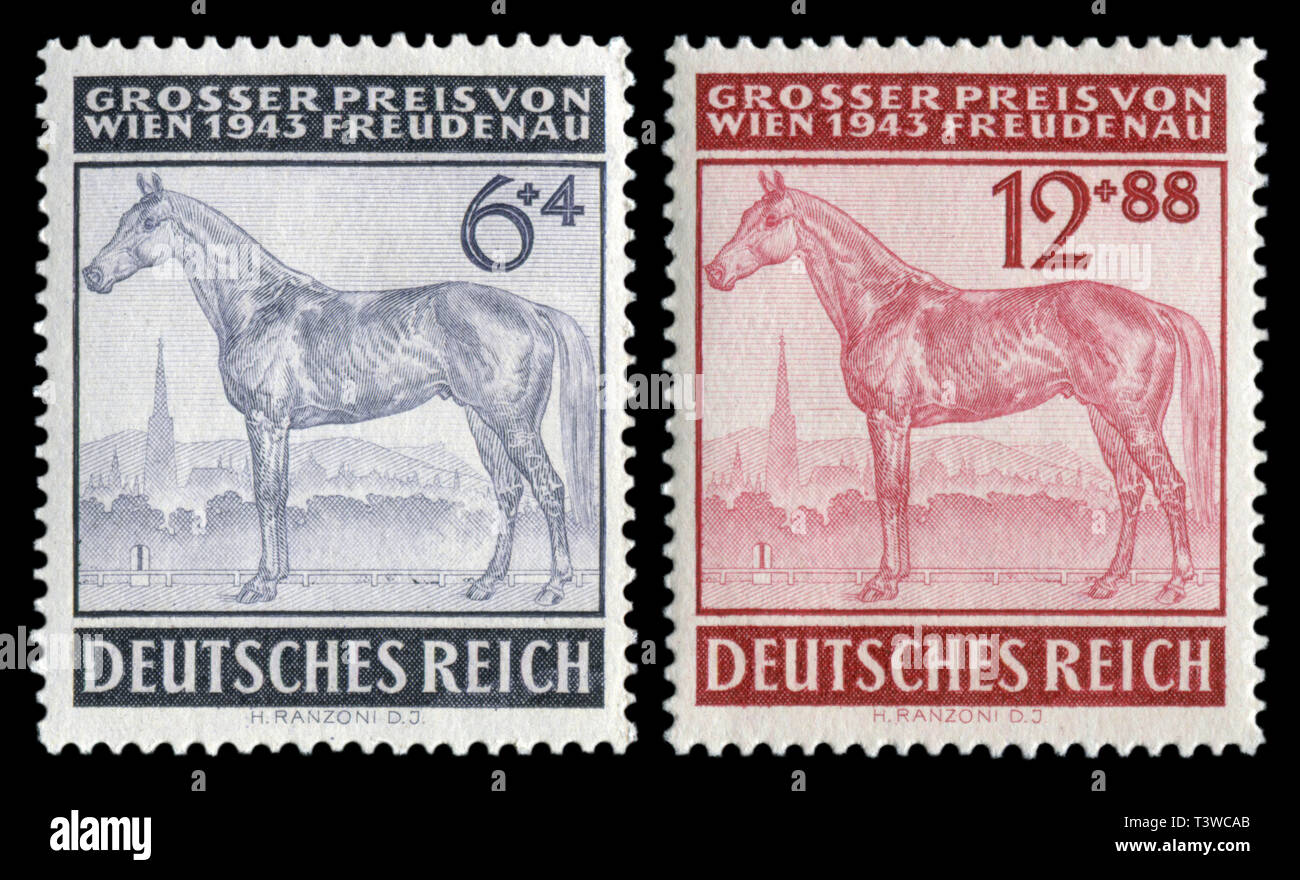Set of german historical stamp: Sled horse. Grand Prix Vienna 1943. Isolated on black background,  Germany-Austria, the Third Reich Stock Photo