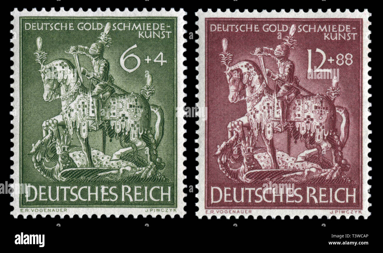 Set of german historical stamp: Jewelry figure of St. George, the victorious dragon. 11th anniversary of the German national society of Jewelers, 1943 Stock Photo