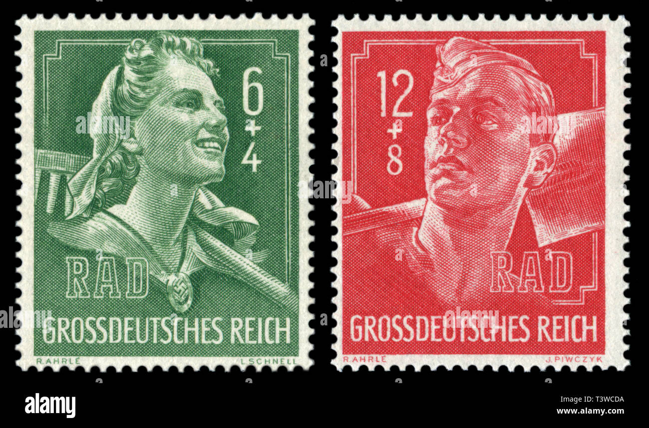Set of german postage stamp: man and woman RAD service workers in uniform with a rake and a shovel on shoulders, fair labor brigades, 1944, Germany Stock Photo
