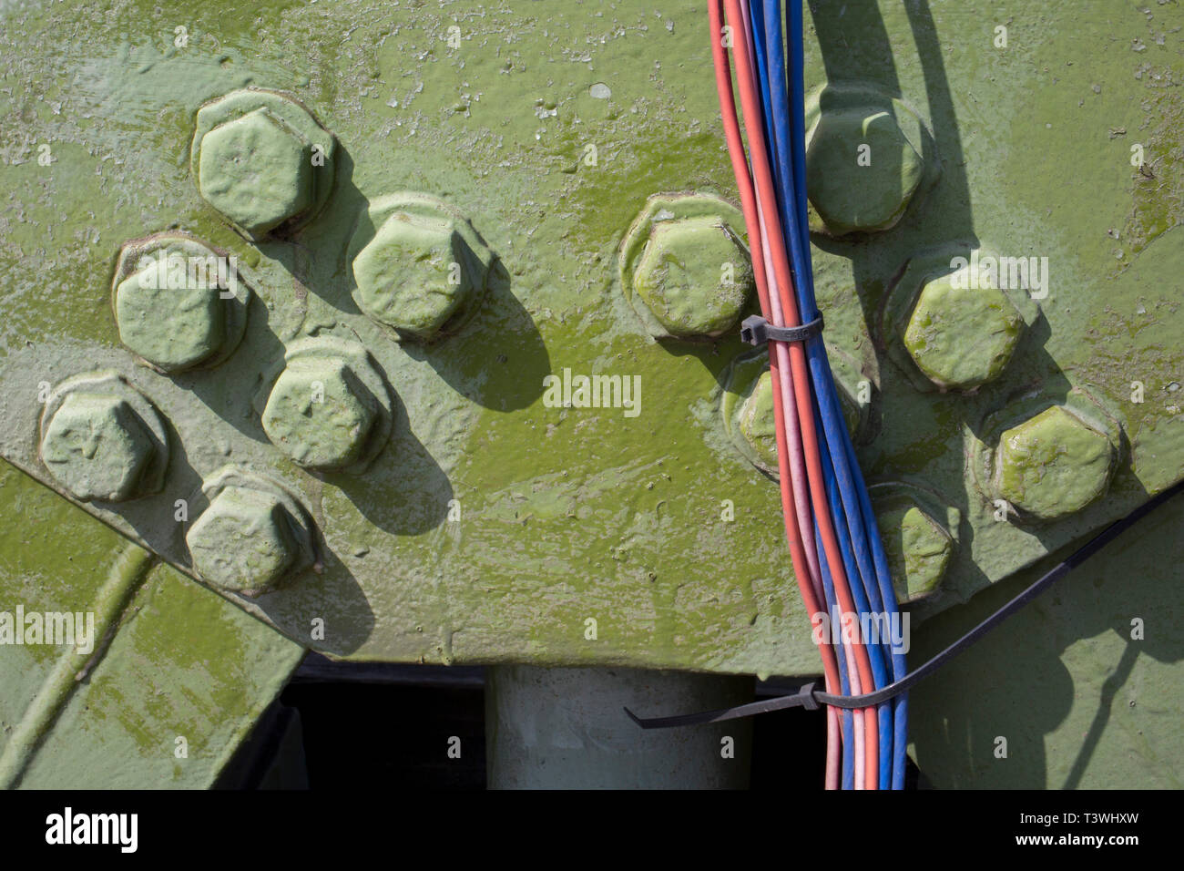 After being closed indefinitely to all traffic due to structural faults, an architectural detail of Hammersmith Bridge, on 11th April 2019, in west London, England. Safety checks revealed 'critical faults' and Hammersmith and Fulham Council has said it's been left with no choice but to shut the bridge until refurbishment costs could be met. The government has said that between 2015 and 2021 its is providing £11bn of support to the 132-year-old bridge. Stock Photo