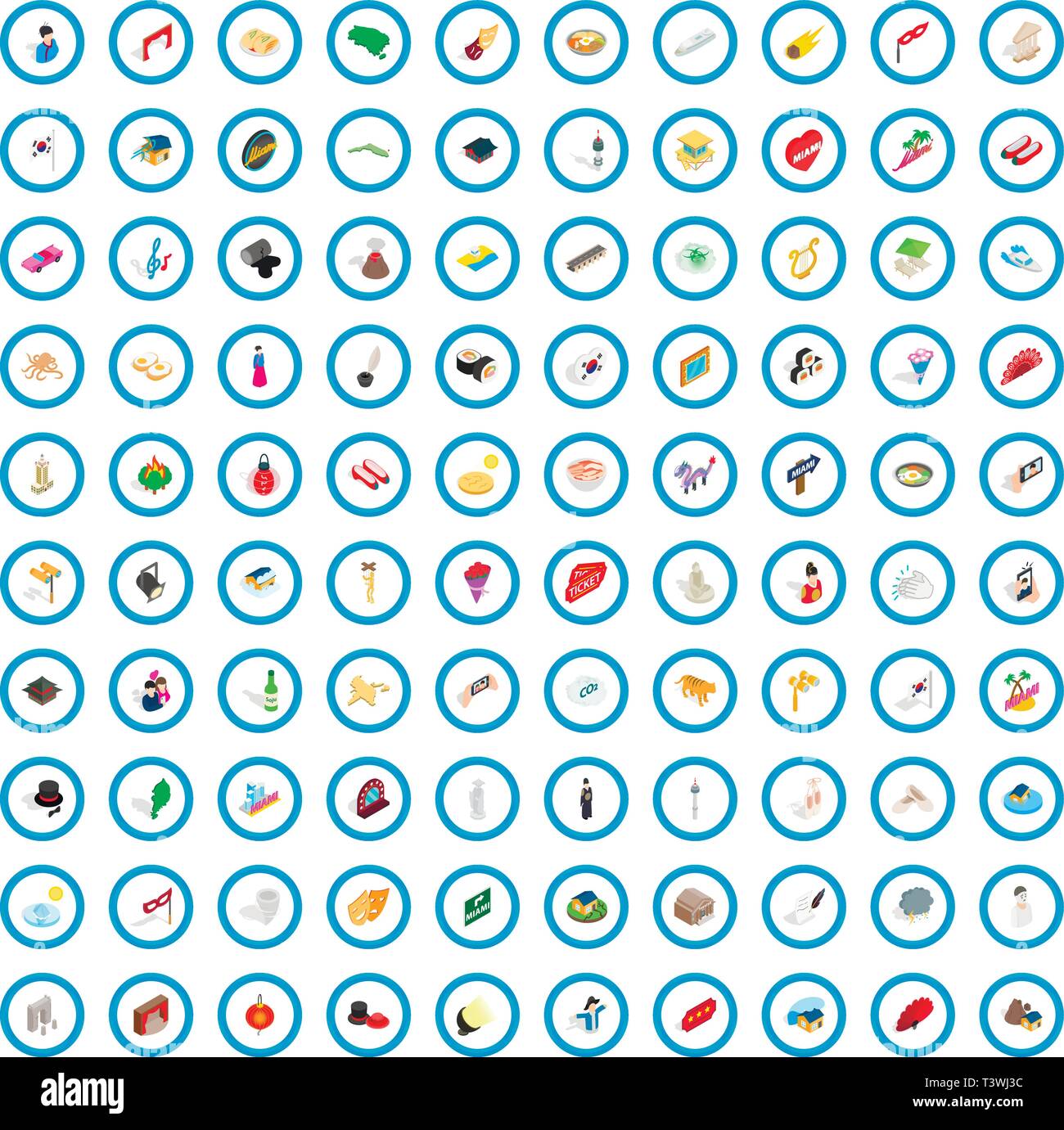100 show icons set, isometric 3d style Stock Vector
