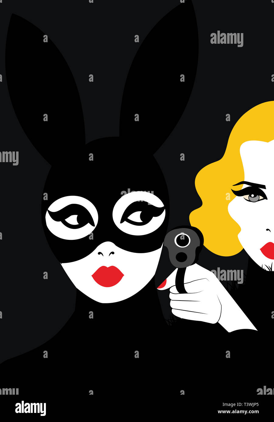 illustration of a blonde woman pointing a gun toward a brunette woman wearing a mask Stock Photo