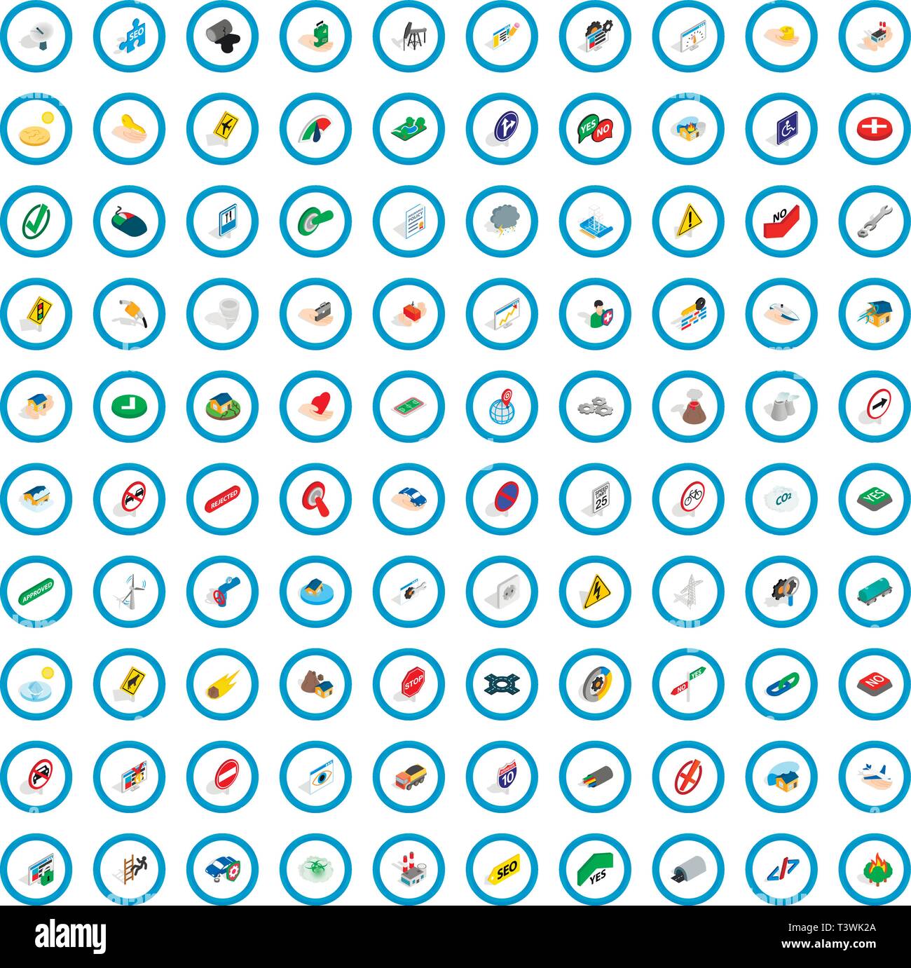 100 signpost icons set, isometric 3d style Stock Vector