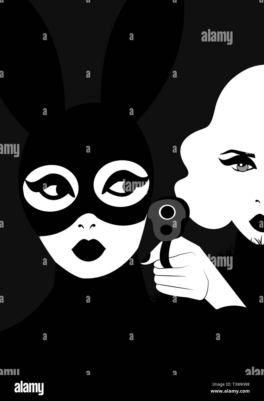 illustration of a blonde woman pointing a gun toward a brunette woman wearing a mask Stock Photo