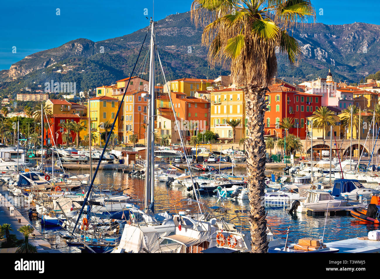 Colorful Cote d Azur town of Menton harbor and architecture view, Alpes