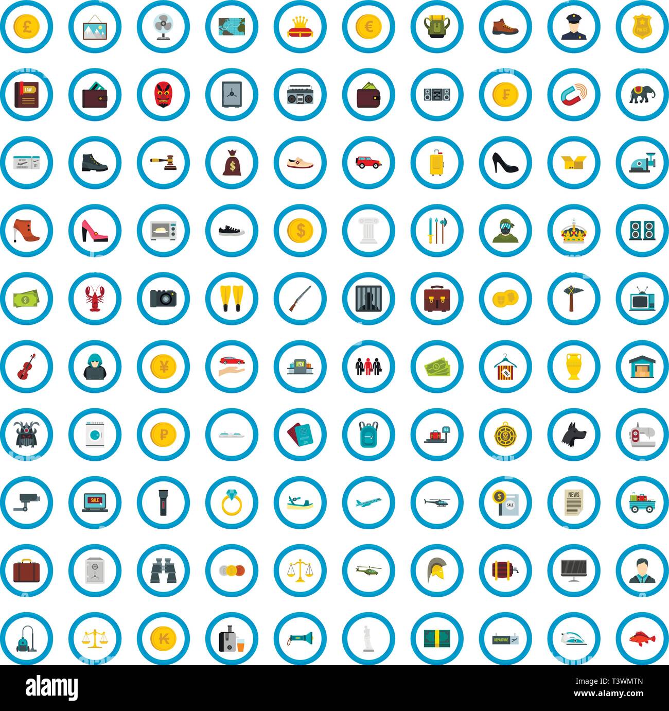 100 smuggled goods icons set, flat style Stock Vector