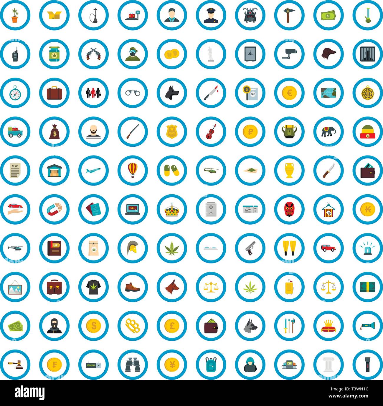 100 smuggling icons set, flat style Stock Vector