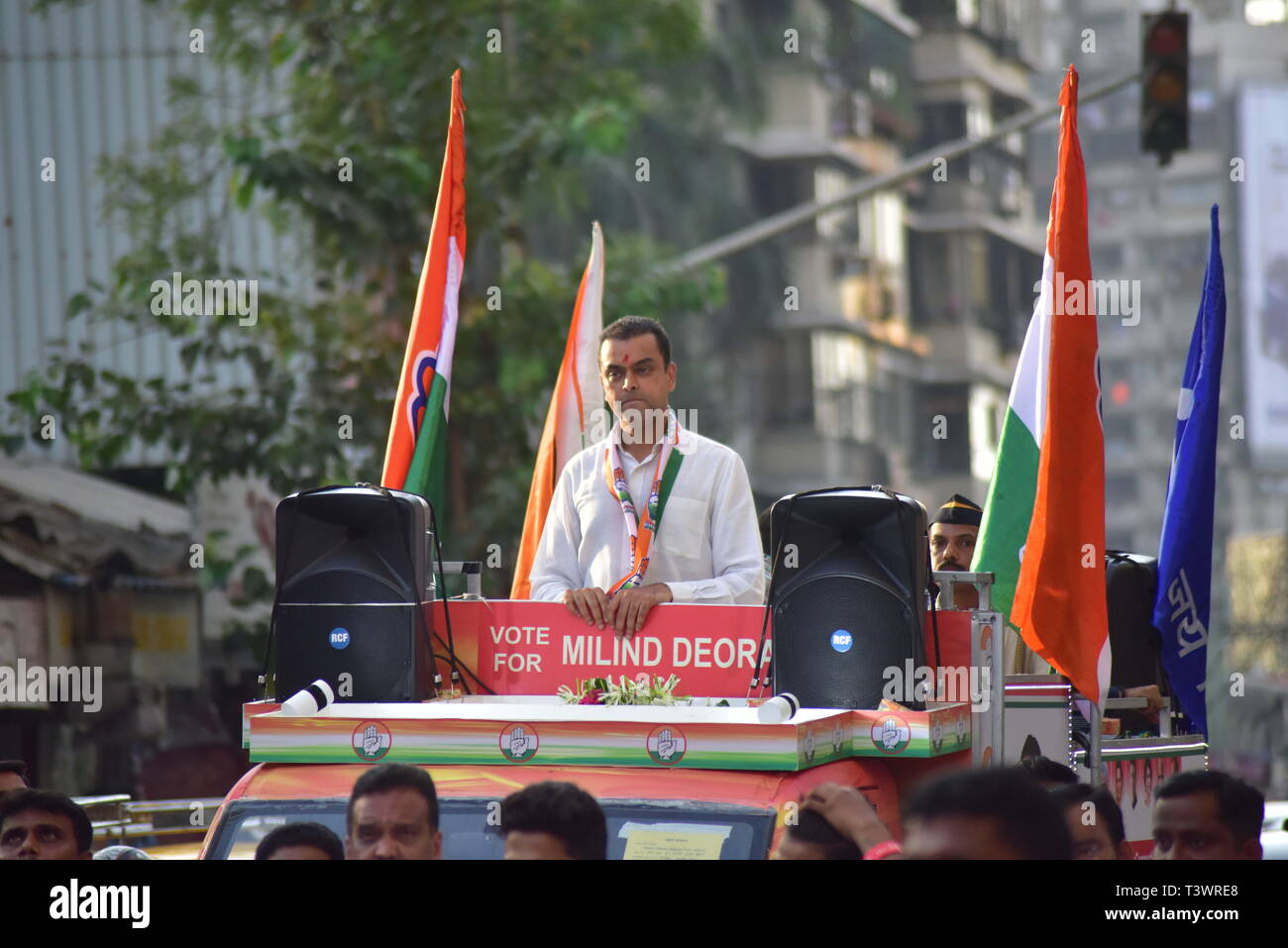 Mumbai, Maharastra, India. 11th Apr, 2019. Milind Deora seen during the rally.Milind Deora who recently got appointed as Mumbai Regional Congress Committee chief, a Candidate of Indian National Congress at South Mumbai Lokshabha constituency held a rally in Tardeo as 1st phase of Election kicks off. Election will be held in 7 Phases. Credit: Sandeep Rasal/SOPA Images/ZUMA Wire/Alamy Live News Stock Photo