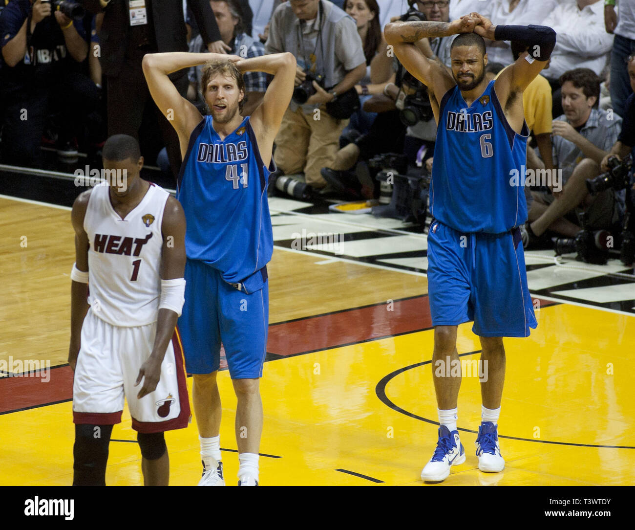 Miami, FLORIDA, USA. 12th June, 2011. Dallas Mavericks' Dirk Nowitzki (L)  celebrates with teammate Tyson Chandler near the end of Game 6 of the NBA  Finals basketball series against the Miami Heat