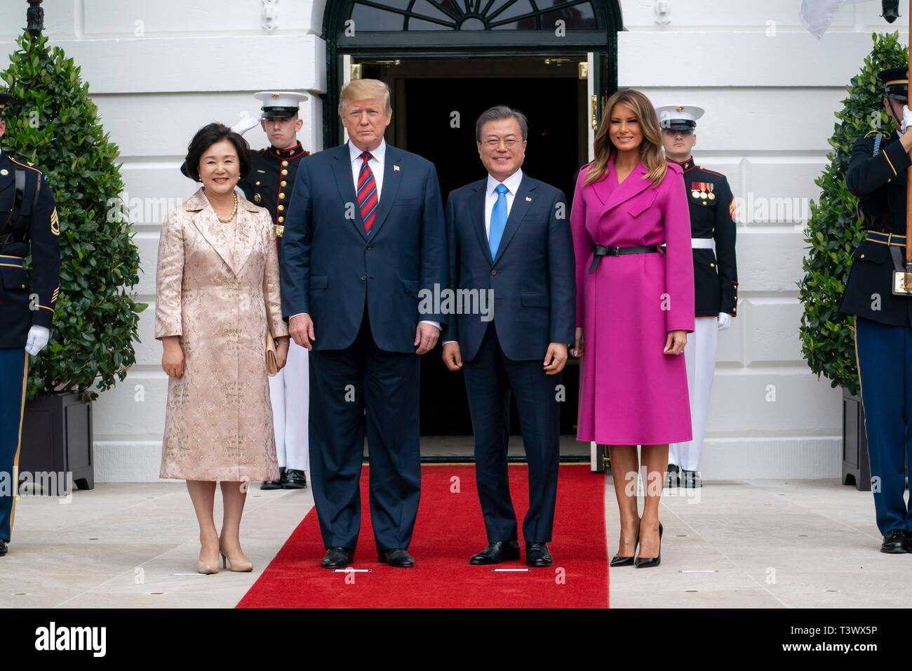 Washington, United States Of America. 11th Apr, 2019. U.S. President Donald Trump, stands with South Korean President Moon Jae-in, Mrs. Kim Jung-sook and First Lady Melania Trump during arrival ceremonies at the South Portico entrance of the White House April 11, 2019 in Washington, DC Credit: Planetpix/Alamy Live News Stock Photo