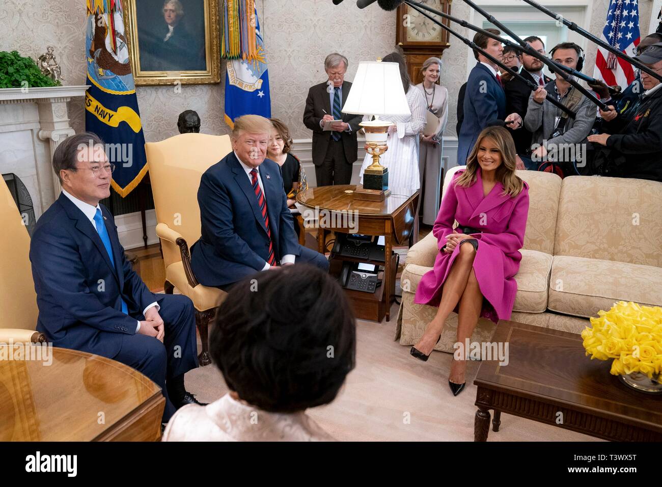 Washington, United States Of America. 11th Apr, 2019. U.S. President Donald Trump, South Korean President Moon Jae-in, Mrs. Kim Jung-sook and First Lady Melania Trump during a meeting in the Oval Office of the White House April 11, 2019 in Washington, DC Credit: Planetpix/Alamy Live News Stock Photo