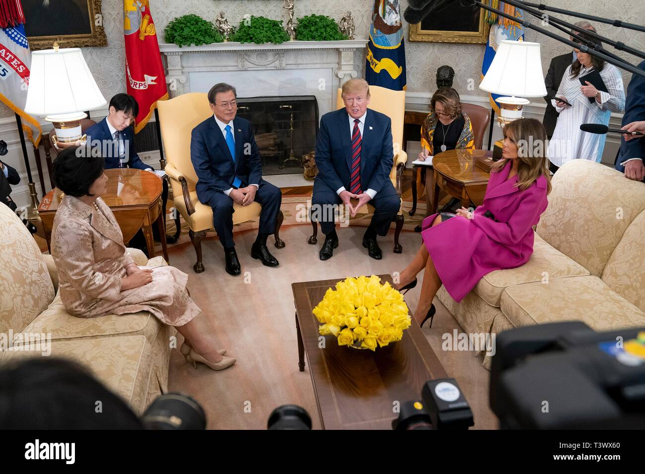 Washington, United States Of America. 11th Apr, 2019. U.S. President Donald Trump, South Korean President Moon Jae-in, Mrs. Kim Jung-sook and First Lady Melania Trump during a meeting in the Oval Office of the White House April 11, 2019 in Washington, DC Credit: Planetpix/Alamy Live News Stock Photo