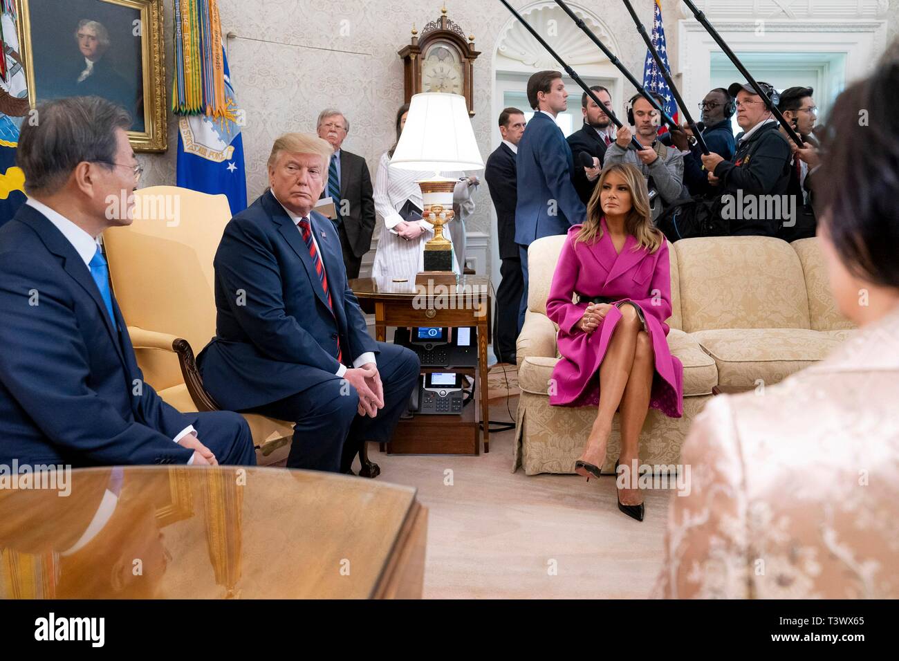 Washington, United States Of America. 11th Apr, 2019. U.S. President Donald Trump, South Korean President Moon Jae-in and First Lady Melania Trump during a meeting in the Oval Office of the White House April 11, 2019 in Washington, DC Credit: Planetpix/Alamy Live News Stock Photo