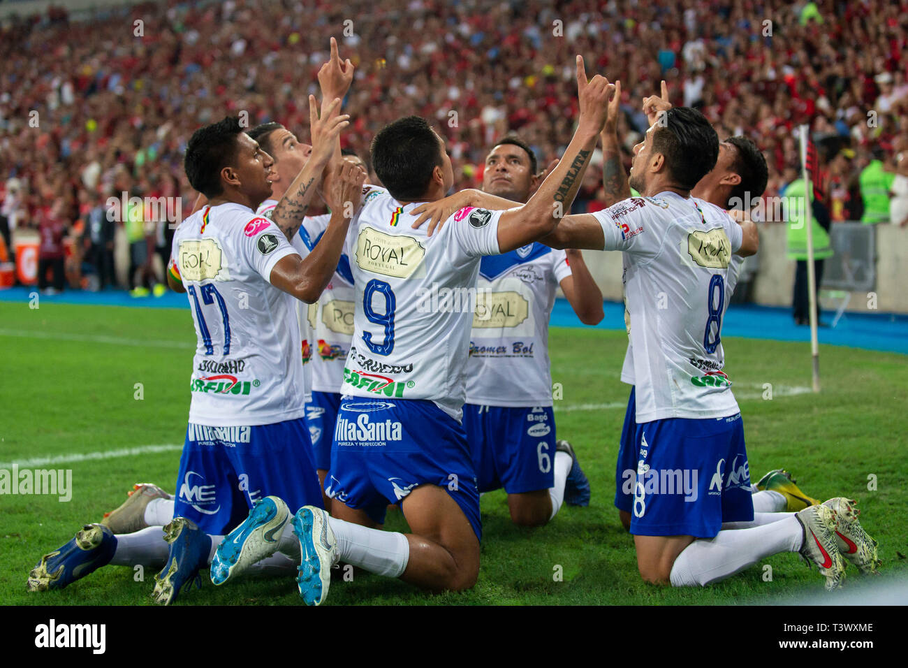 Rio De Janeiro, Brazil. 11th Apr, 2019. Carlos Saucedo celebrates goal  during Flamengo vs. San José for the group stage of the Copa Libertadores,  held in Maracanã in Rio de Janeiro, RJ,