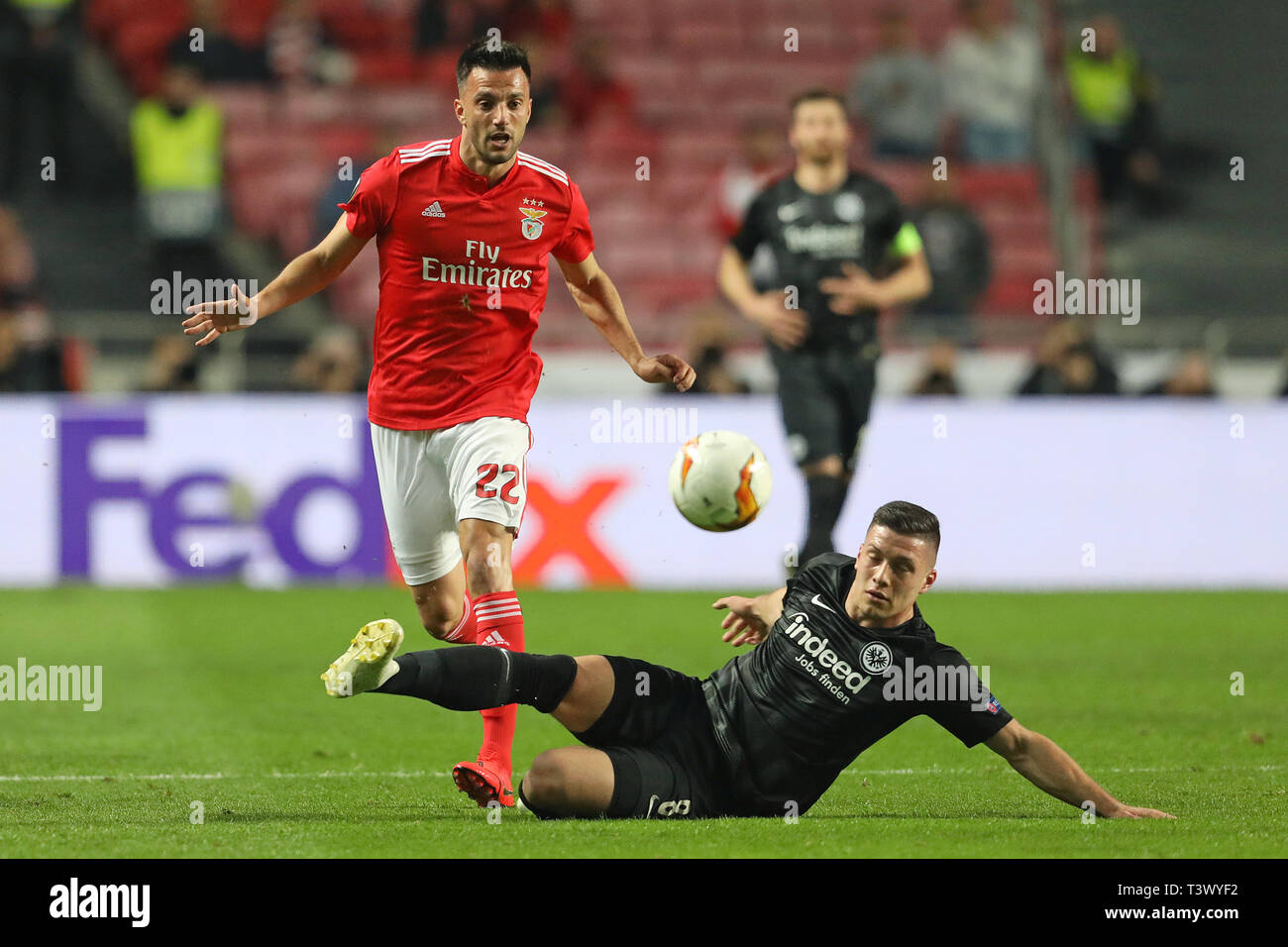 Andreas Samaris of SL Benfica (L) vies for the ball with Luka Jovi? of Eintracht Frankfurt (R) during the UEFA Europa League 2018/2019 football match between SL Benfica vs Eintracht Frankfurt.  (Final score: SL Benfica 4 - 2 Eintracht Frankfurt) Stock Photo